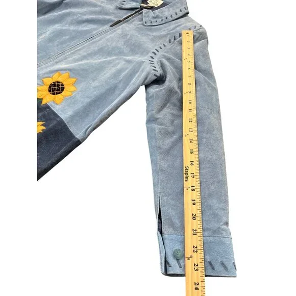 Quacker Factory Blue Suede Jacket Embroidered Sunflowers Vtg Full-Zip Size L - Picture 8 of 9